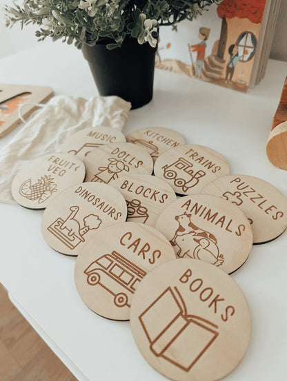 Wooden toy storage label set